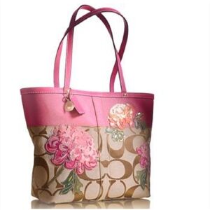 Coach 12204 Signature Pink Stripe Leather Floral Applique Shoulder Bag